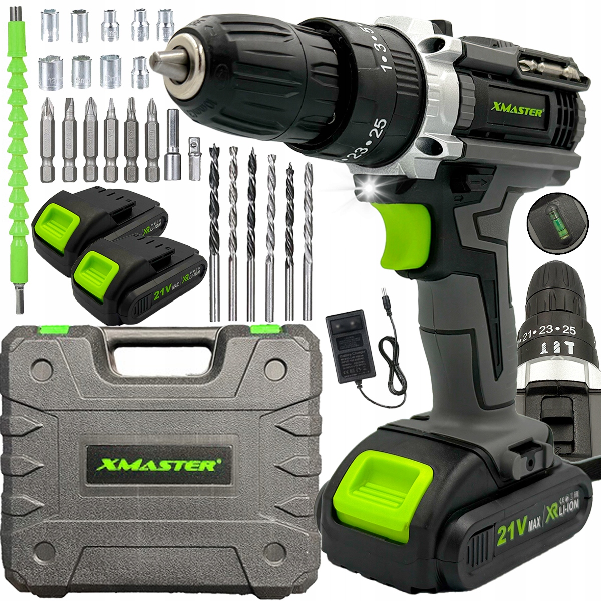 Udarowa Wiertarko Wkrętarka Akumulatorowa Bity Nasadki Walizka Zestaw 2xAKU