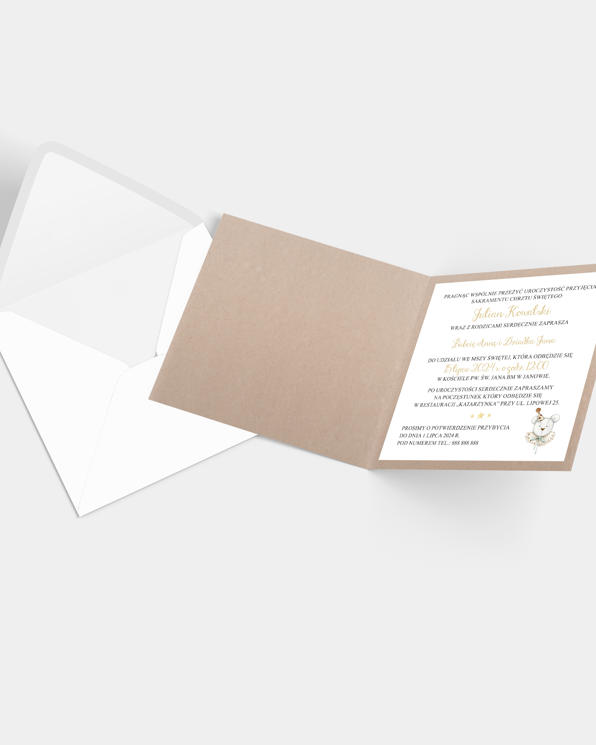 Zaproszenie na chrzest personalizowane z kopertą „Gold Coala” Rodzaj chrzest