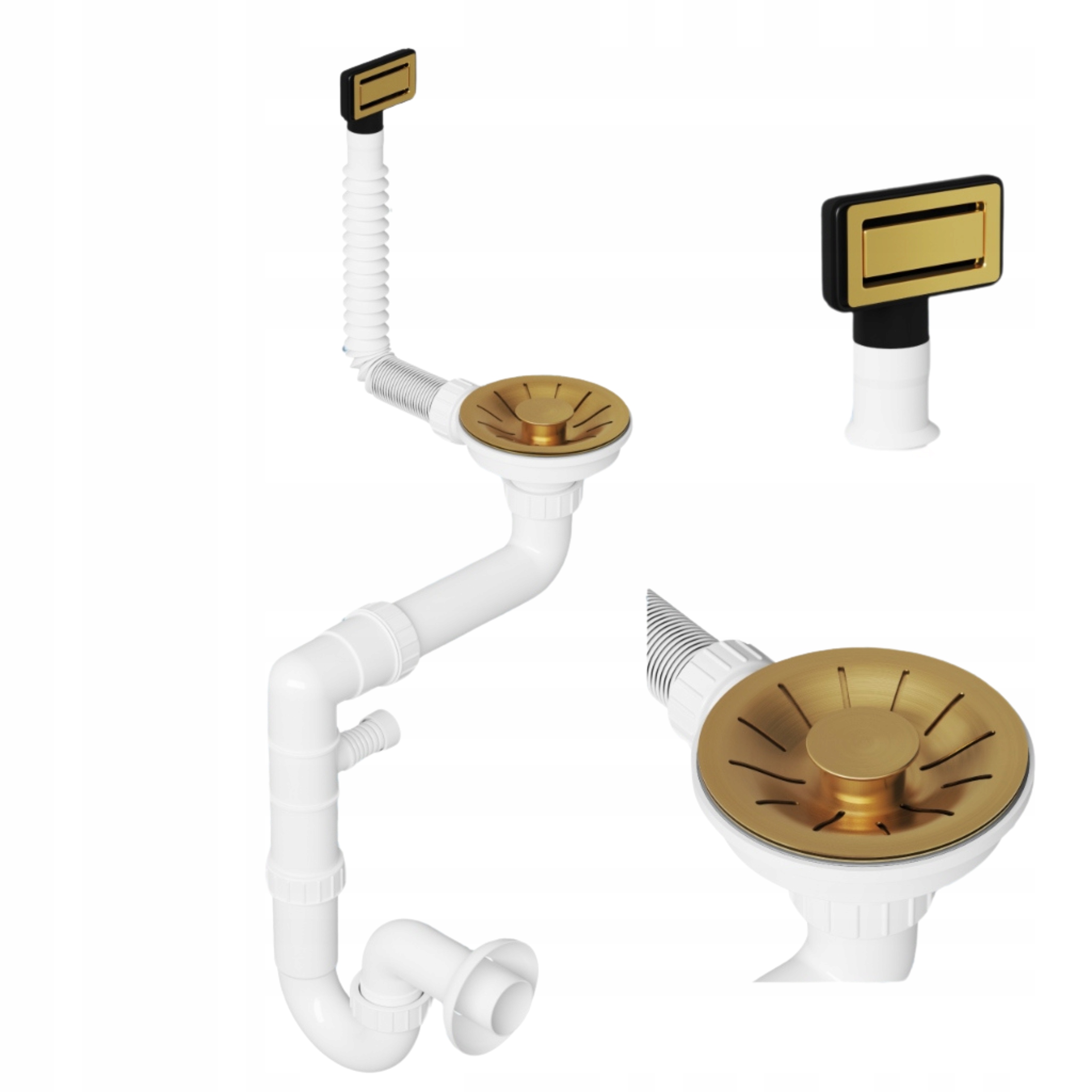 Sifón do oceľového umývadla jednokomorový s obdĺžnikovým zlatým prepadom Lux