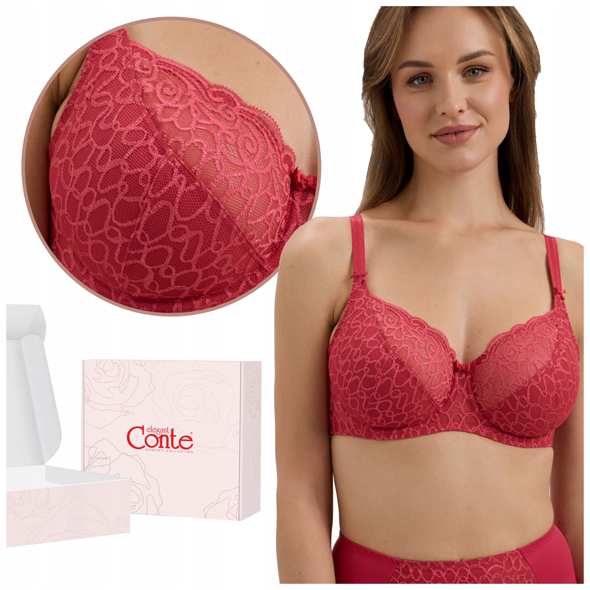 Biustonosz miękki z fiszbinami koronkowy Stanik Conte RB6068 czerwony 85F