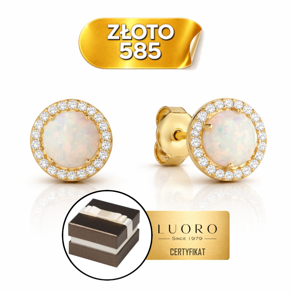 Náušnice Zlaté 585 14K Opal Obklopované Zirkony, Kroužek, Tyčinka 9 MM