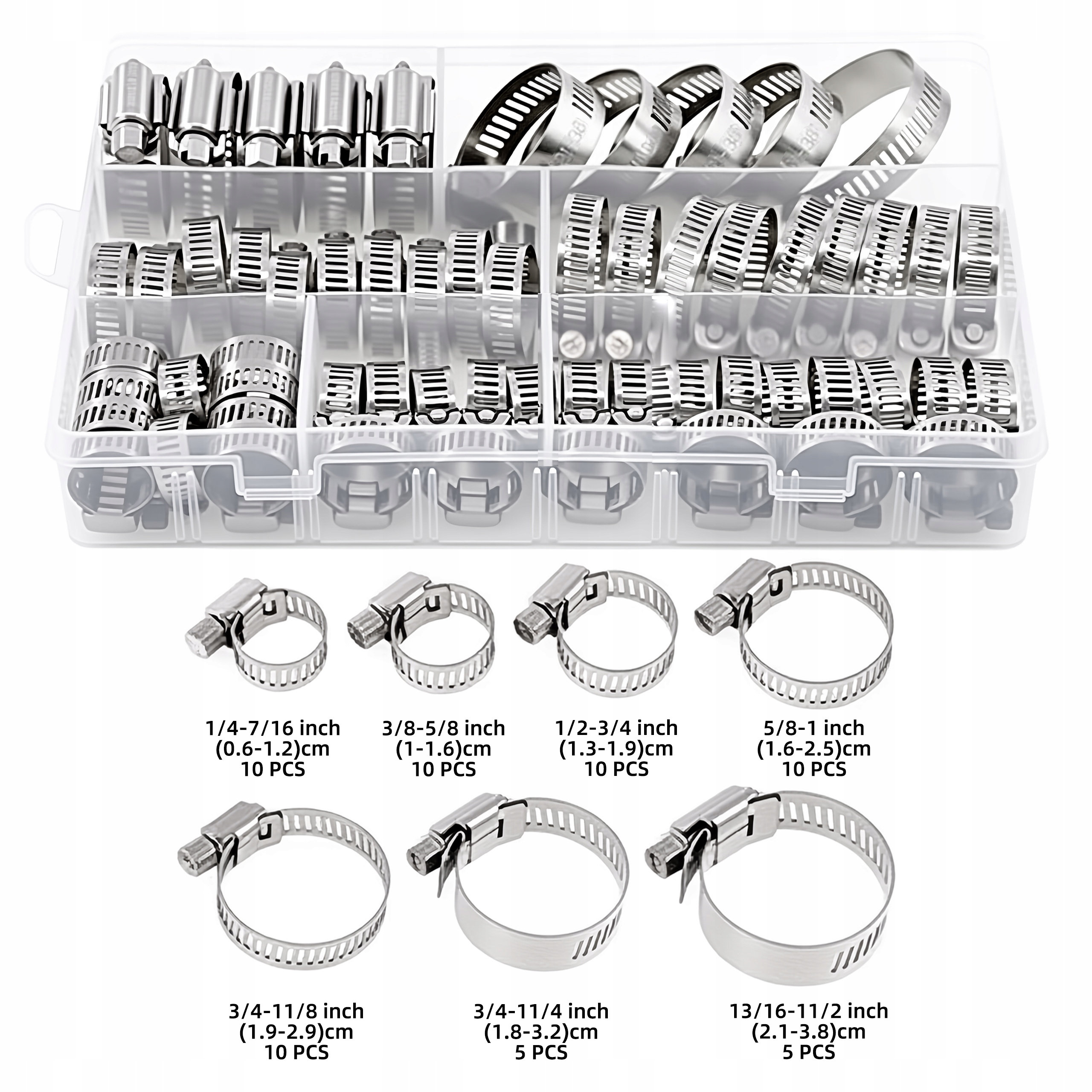 60szt Zestaw Stalowych Opasek Zaciskowych Ślimakowych MIX 6-38MM Obejma