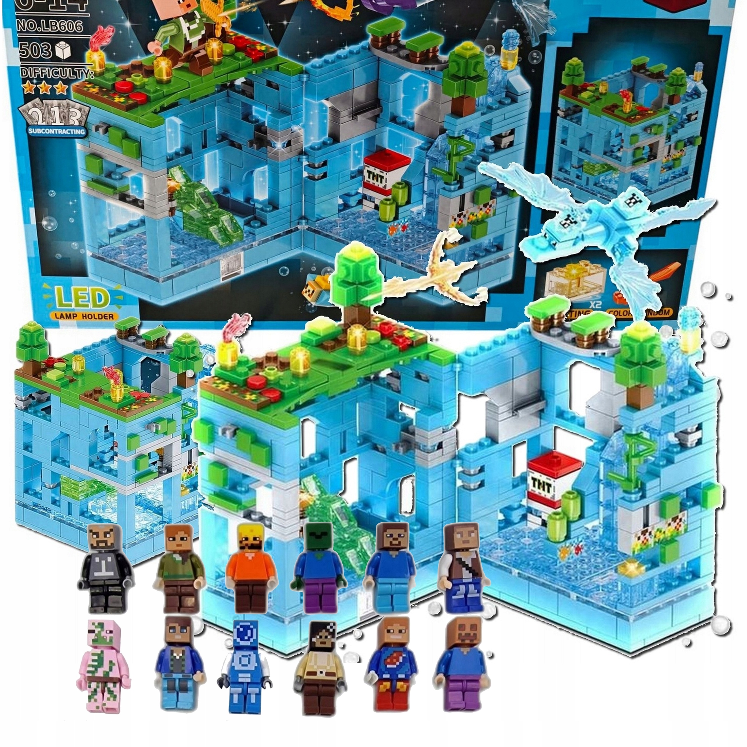 KLOCKI Z GRY MINECRAFT 503el + 12 FIGUREK! MY WORLD LODOWY SMOK JASKINIA