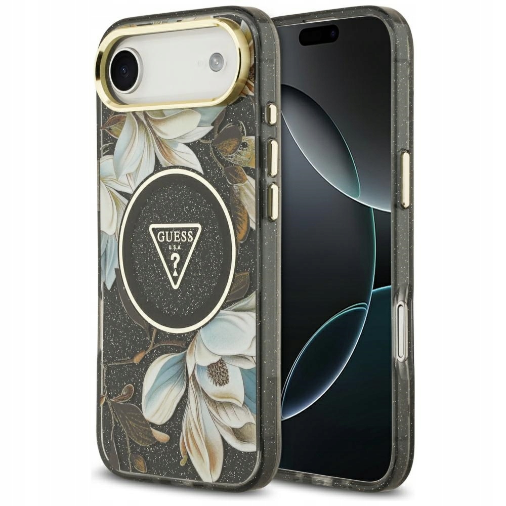Puzdro Guess IML Glitter Flowers Triangle MagSafe pre iPhone Air, čierne