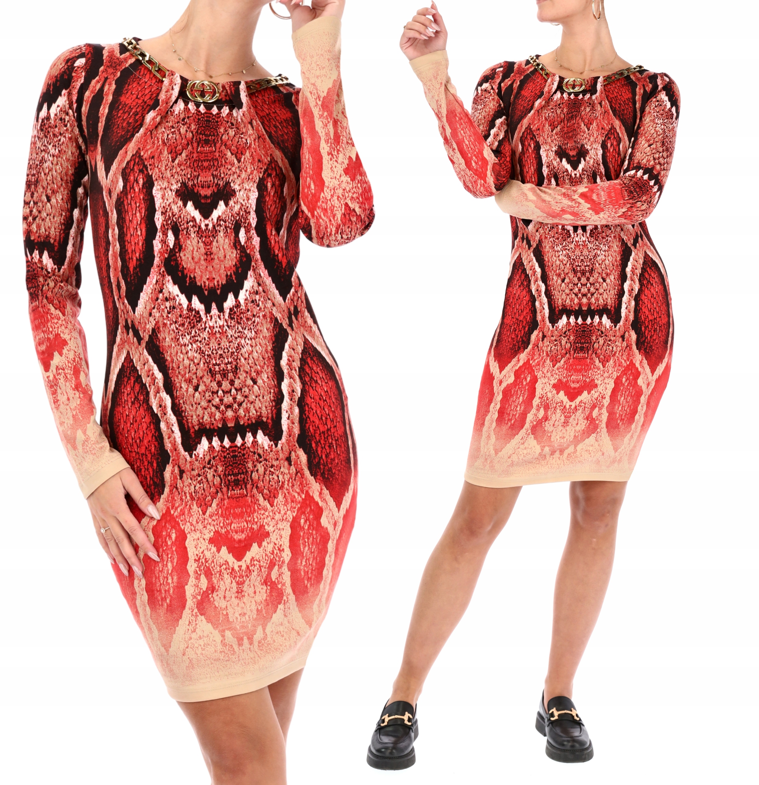 Přiléhavá Elegantní Šaty S Ozdobnými Vzory Viskózy Červená M