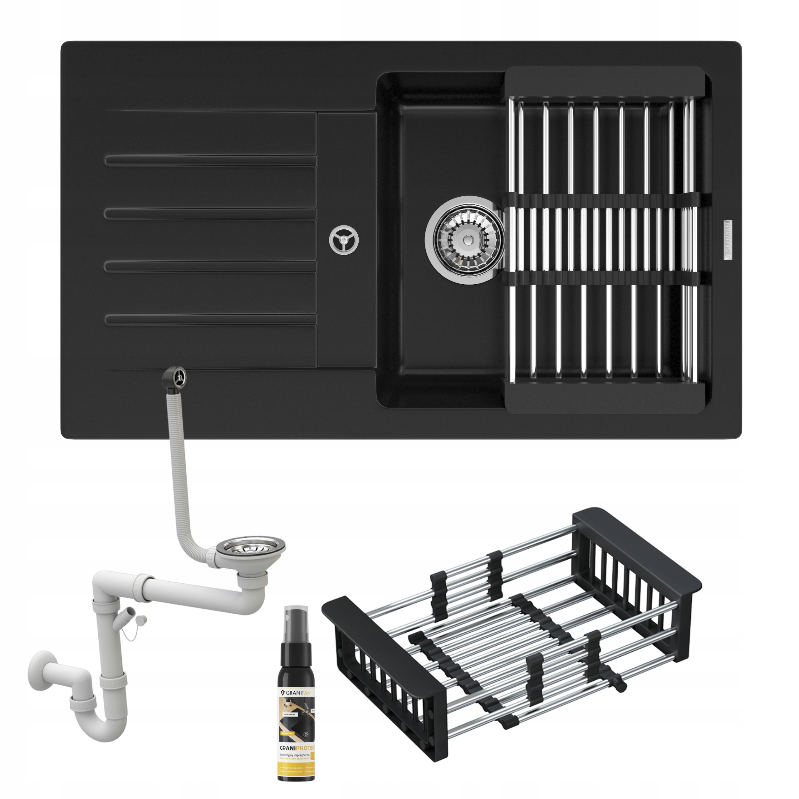 Jednokomorový granitový drez Trix čierny, odkvapkávač, sifón, sada