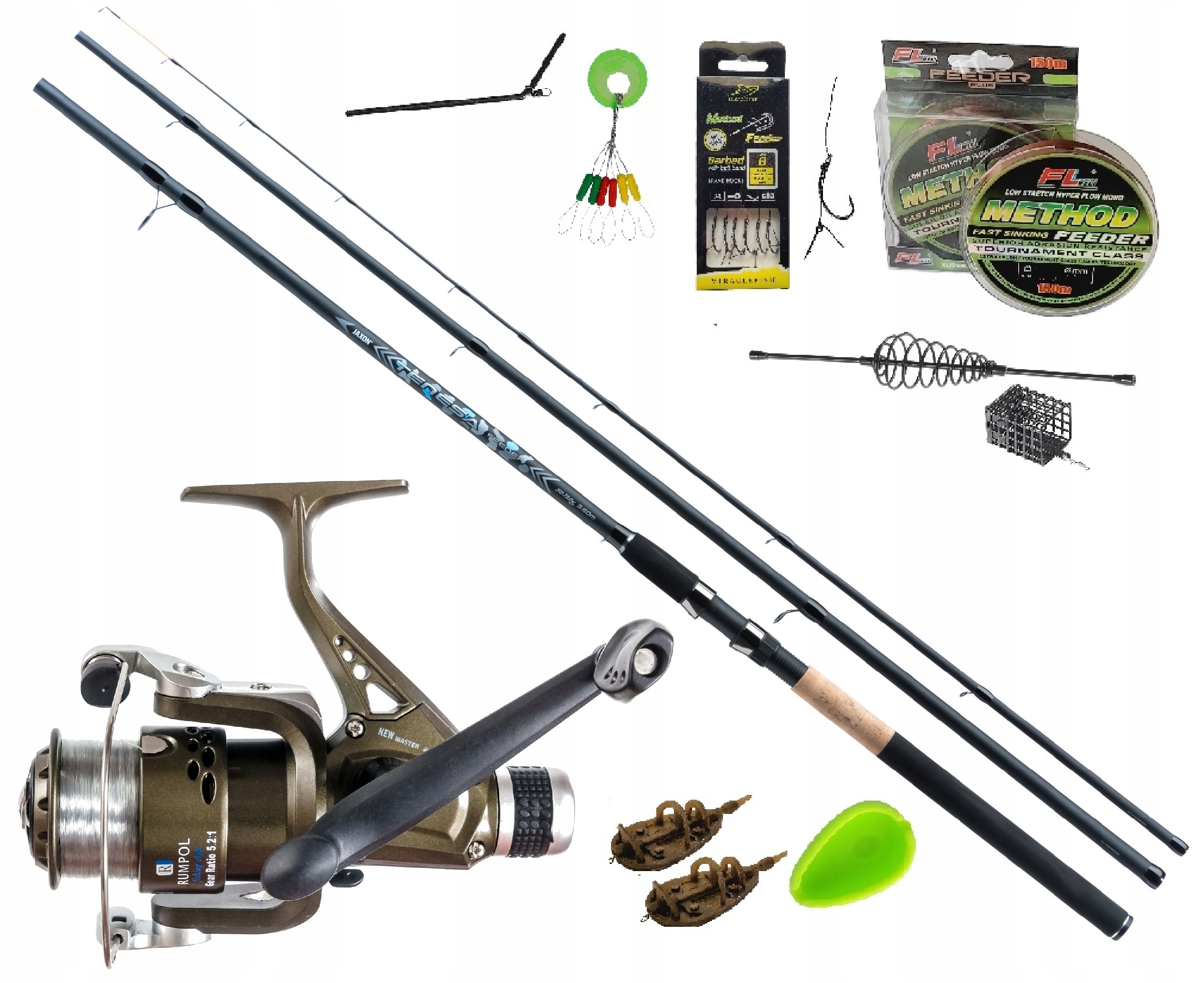 Zestaw gruntowy Wędka feeder Jaxon Kołowrotek Żyłka Przypony Method Feeder