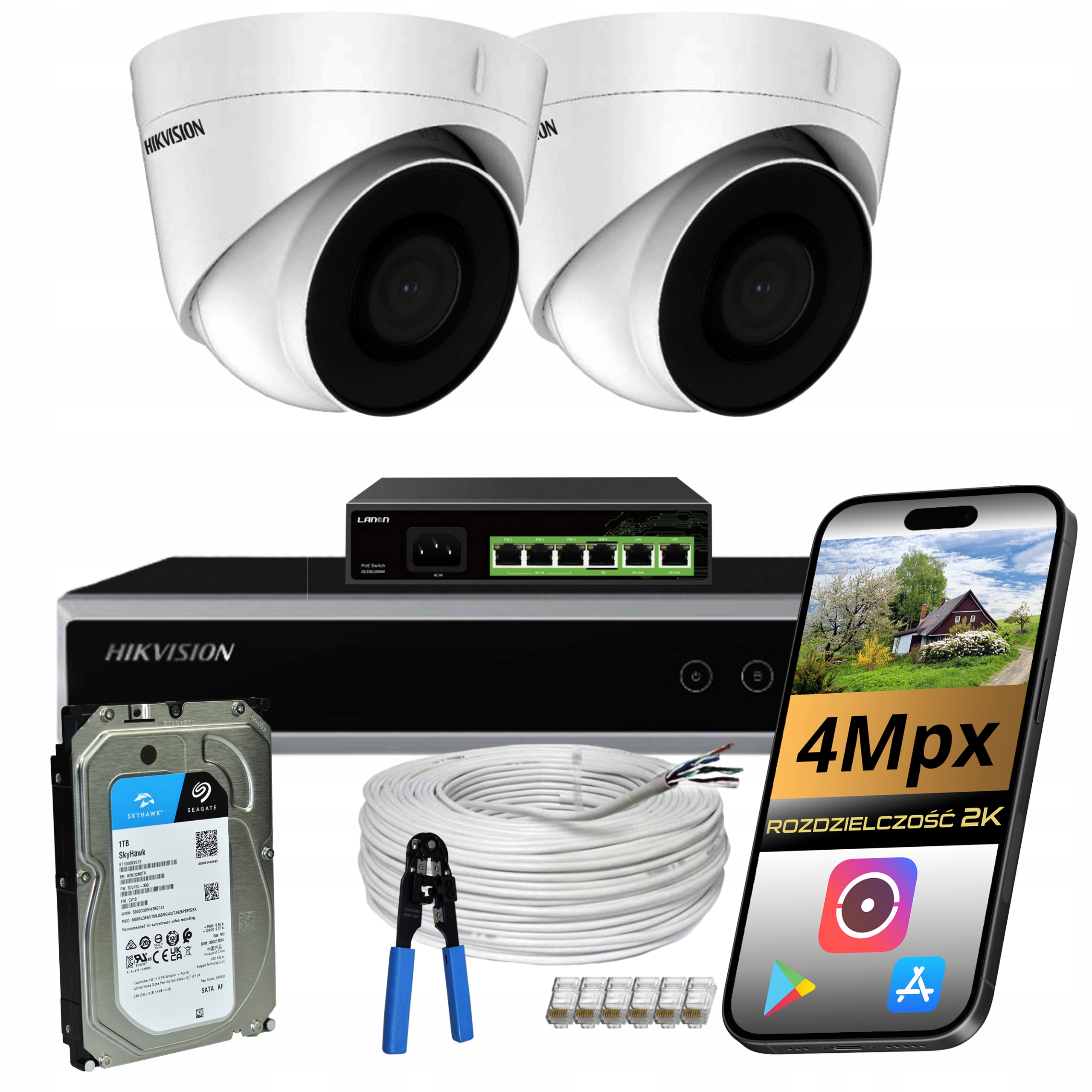 Zestaw Do Monitoringu Domu 2 Kamery Zewnętrzne Ip Poe 4Mpx Hikvision 1TB