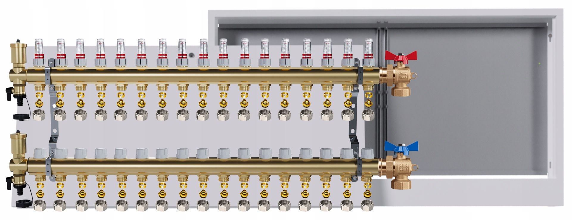 Rozdělovač mosazný podlahový 17 okruhů skříňka na omítku kulový Pex