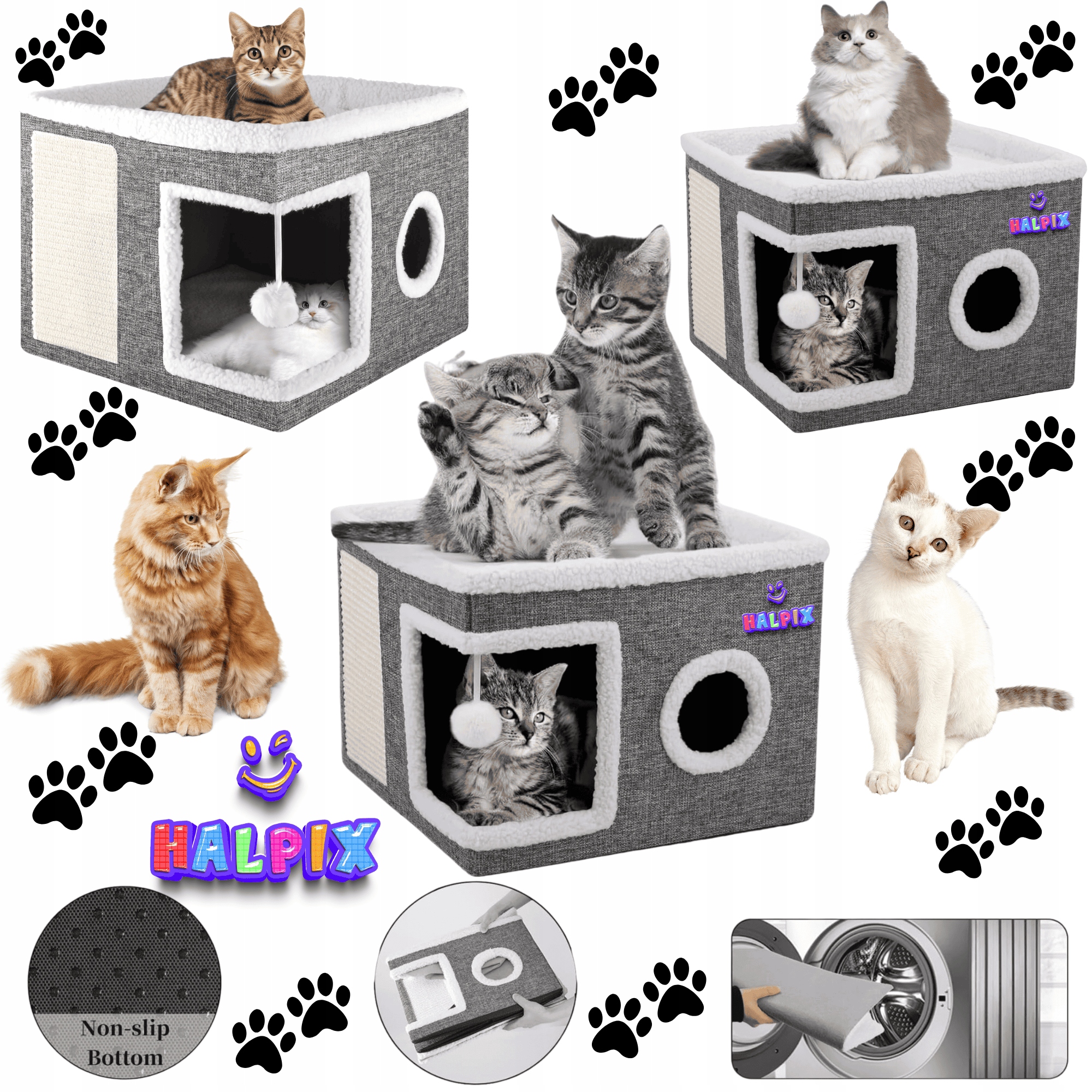 Levně Skládací 2-úrovňový domeček pro kočky, postel a škrabací prkno Halpix