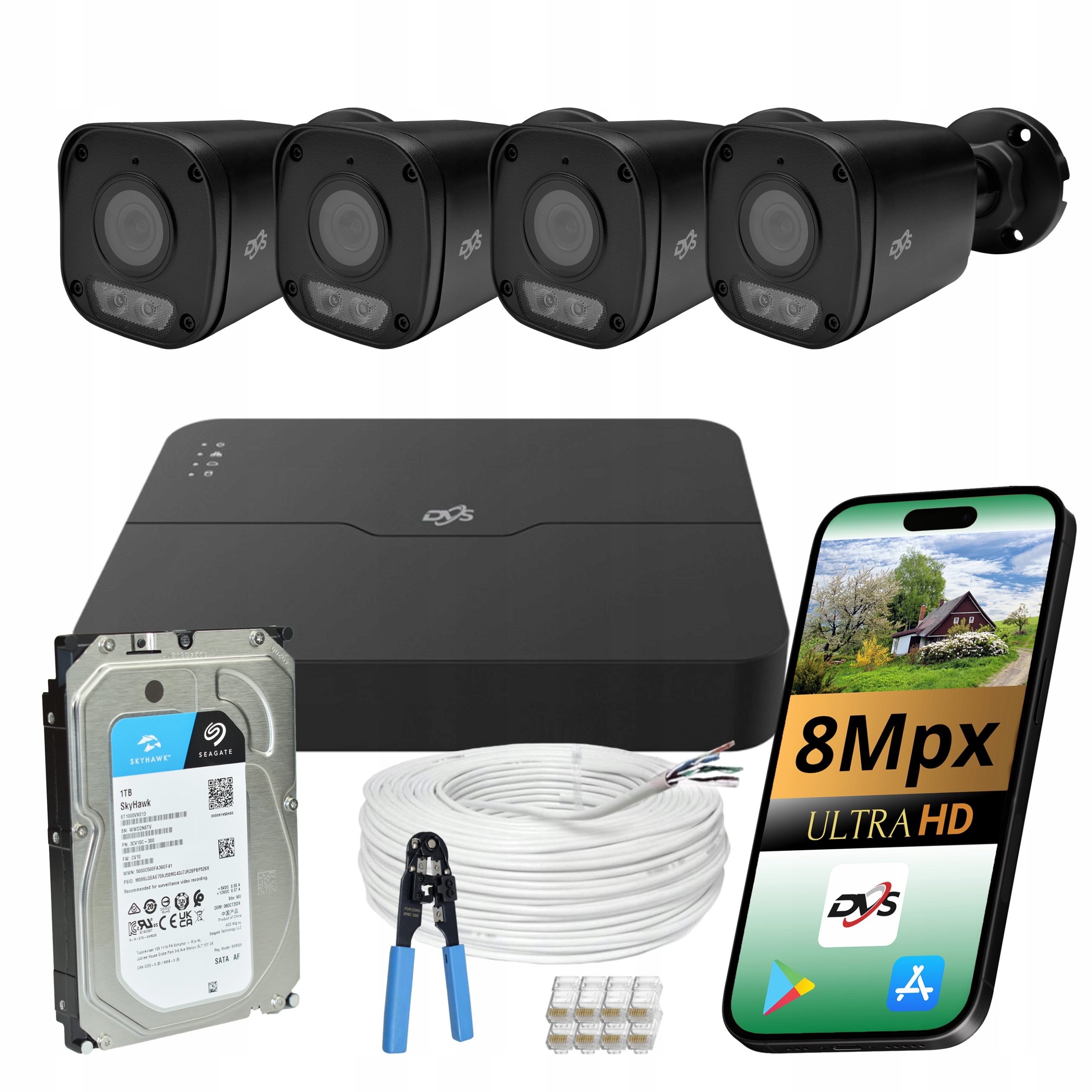 Kompletní monitorování Ip PoE 4 černé venkovní kamery 8Mpx s 1TB diskem