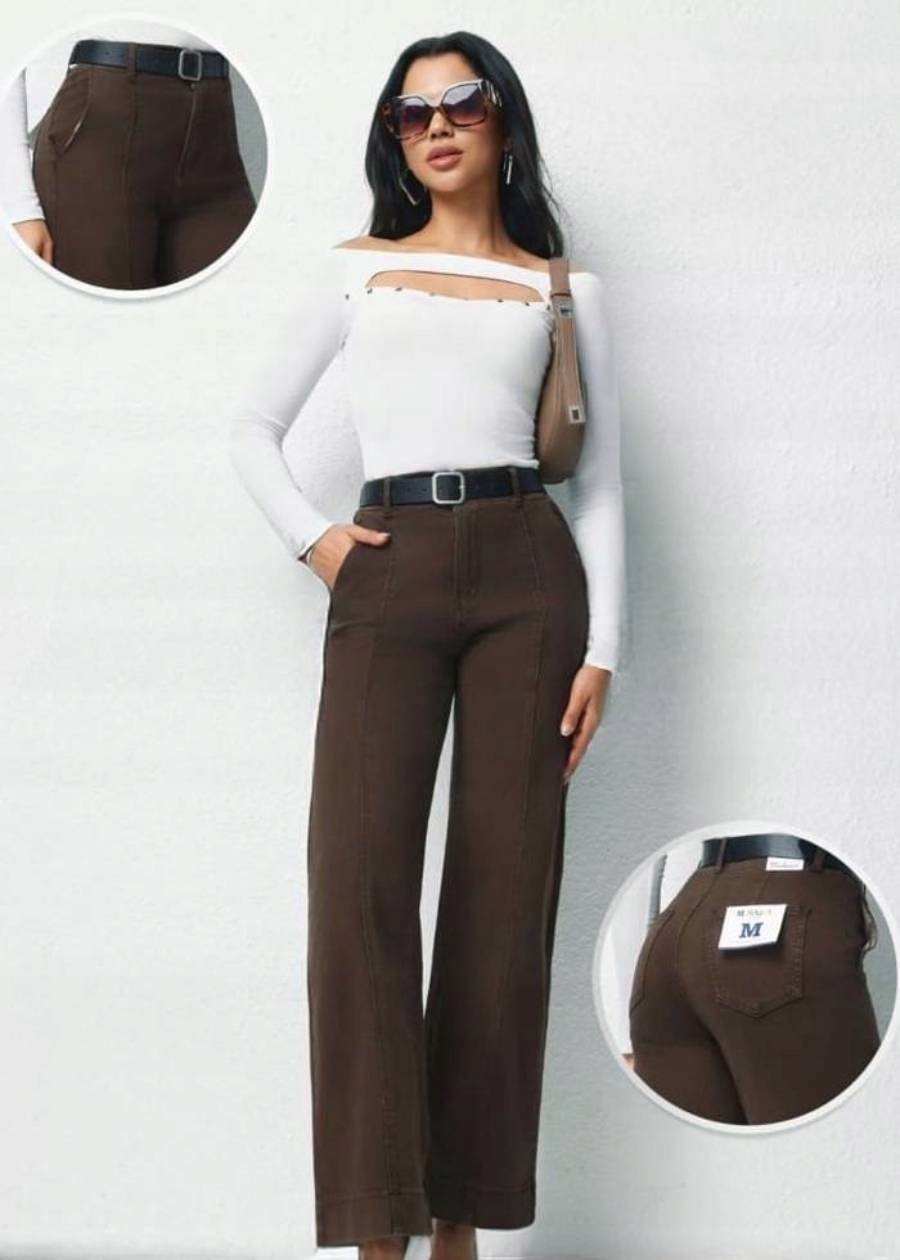 Spodnie Jeansowe Szerokie Nogawki Z Kantem Brązowe Czekoladowe 42/XL