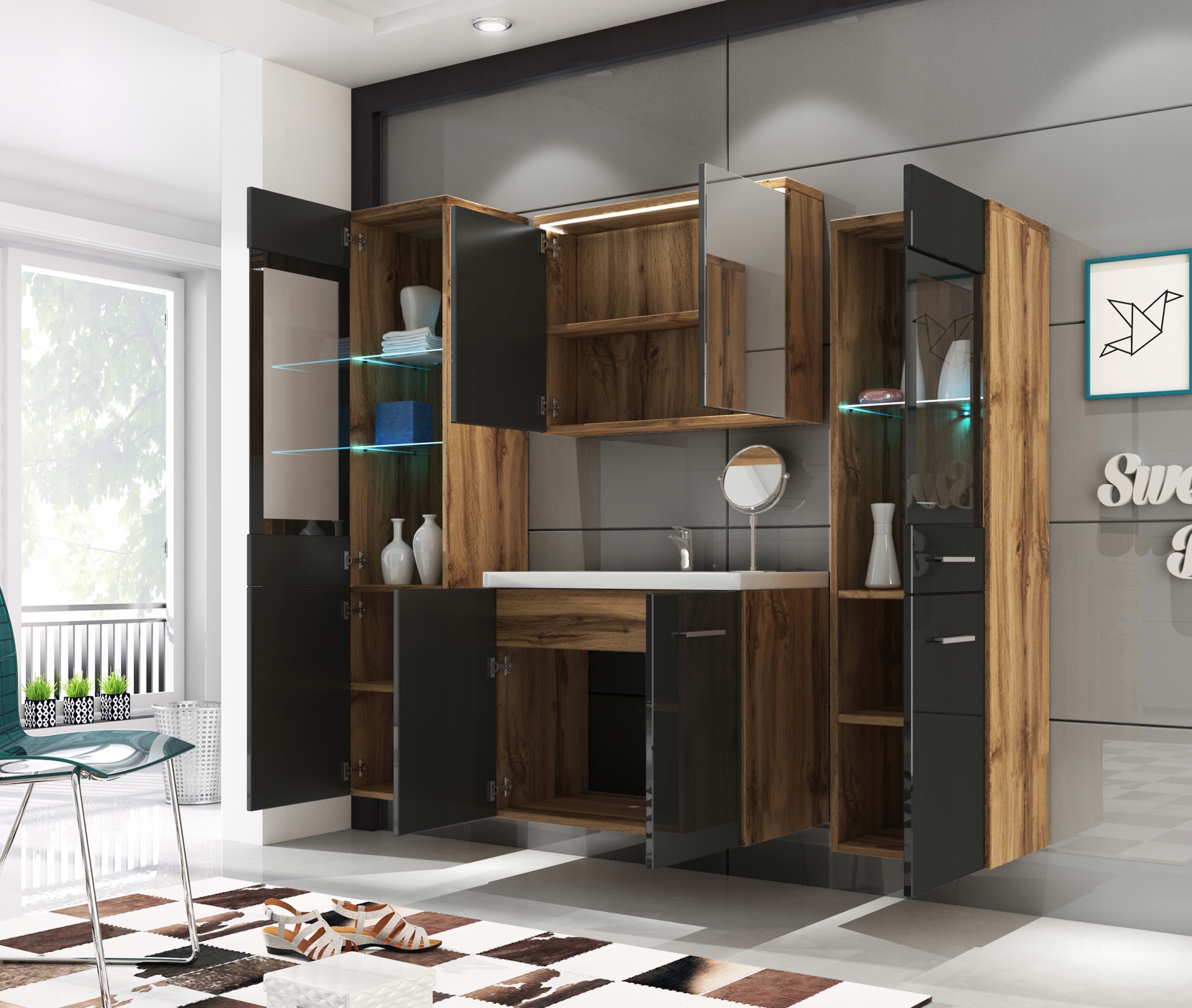 ZESTAW MEBLI ŁAZIENKOWYCH UDINE II WISZĄCY Z UMYWALKĄ, LUSTREM, Z SZAFKĄ