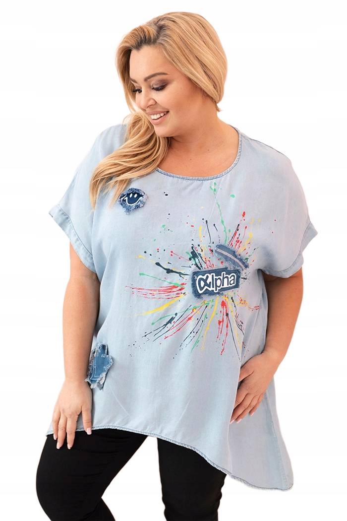 Dámská halenka Plus Size s nášivkami, světle džínová
