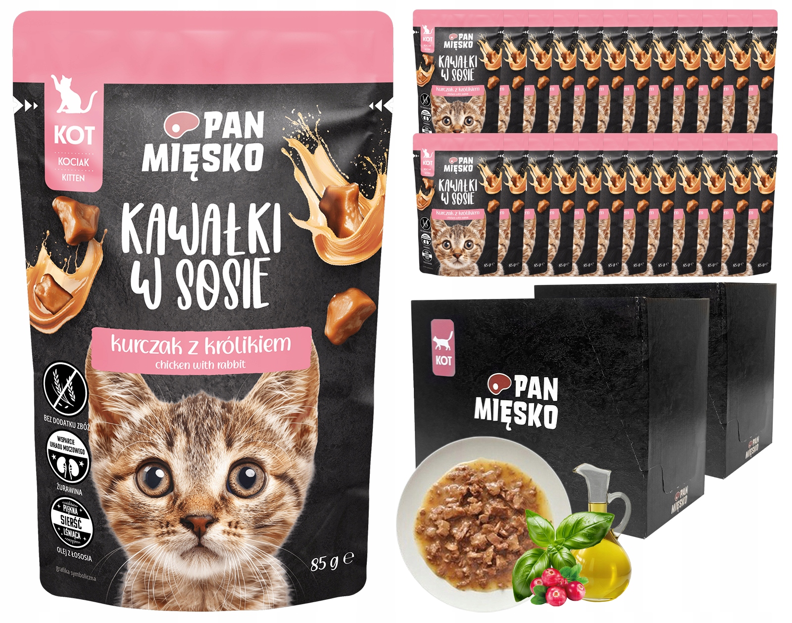 Pan Mięsko mokra karma dla kociąt Kurczak Królik kawałki w sosie 24x85g