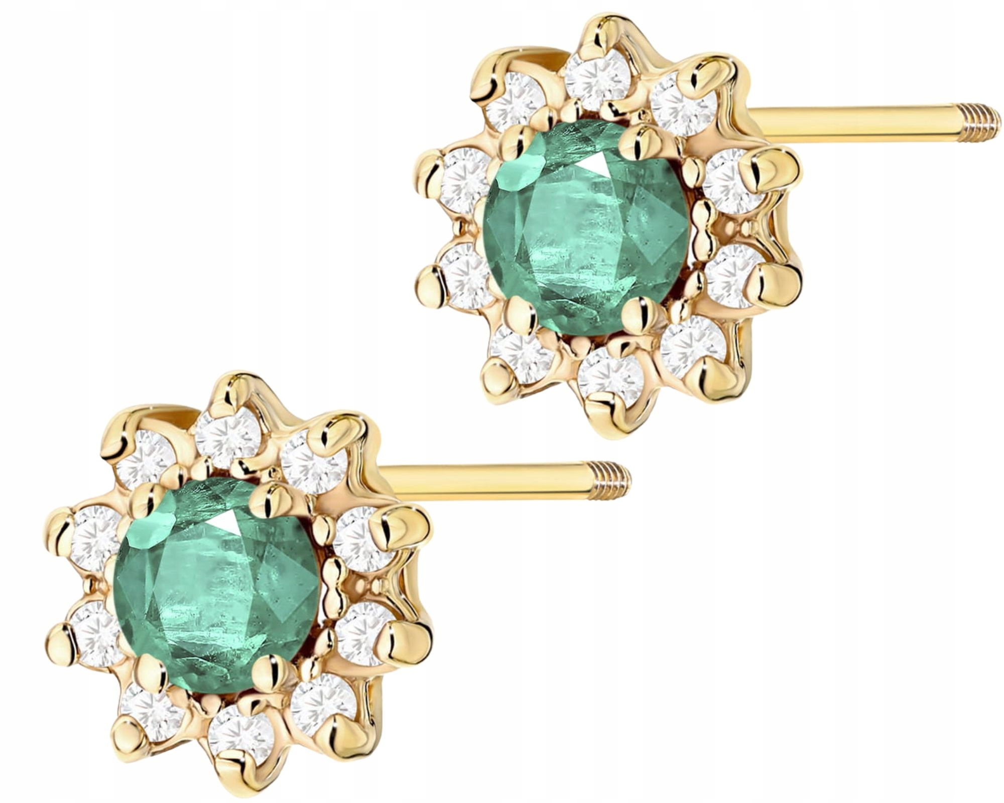 Zlaté Náušnice Zelený Smaragd A Diamanty Zlato 585 Šroubovací Tyčinka