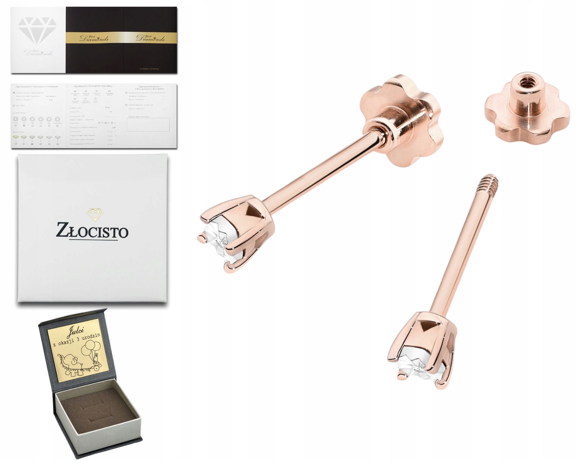 Růžové Zlato Náušnice S Briliantem, Šroubovací Tyčinka Zlato 585 Jako Dárek