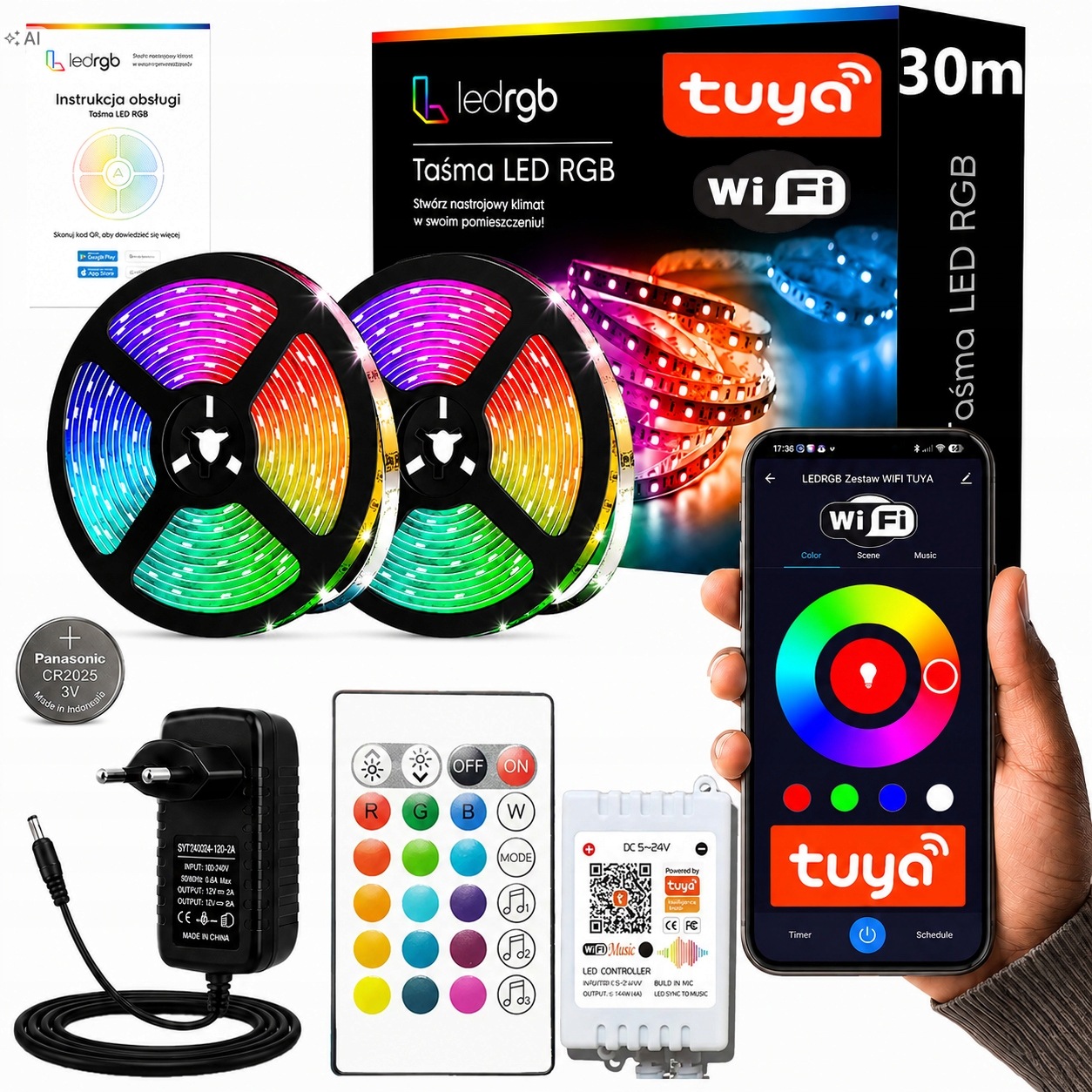 Set Led pásek 30M 2x15m Rgb 5050 WiFi Dálkový Ovladač Aplikace Tuya Hudba Časovač