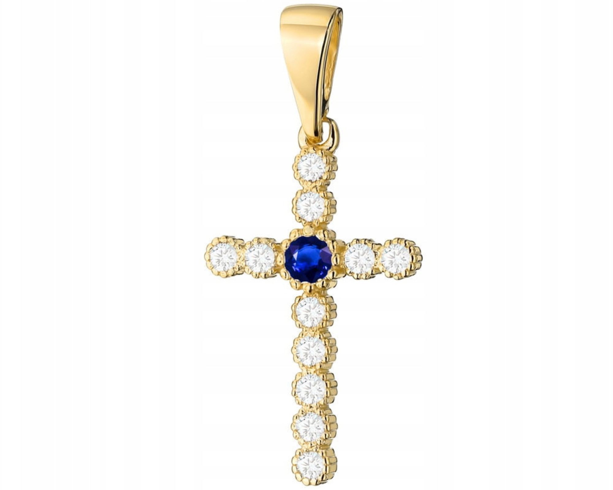 Zlatý Přívěsek Křížek Přírodní Kámen Safír Diamanty 585 Gravírování
