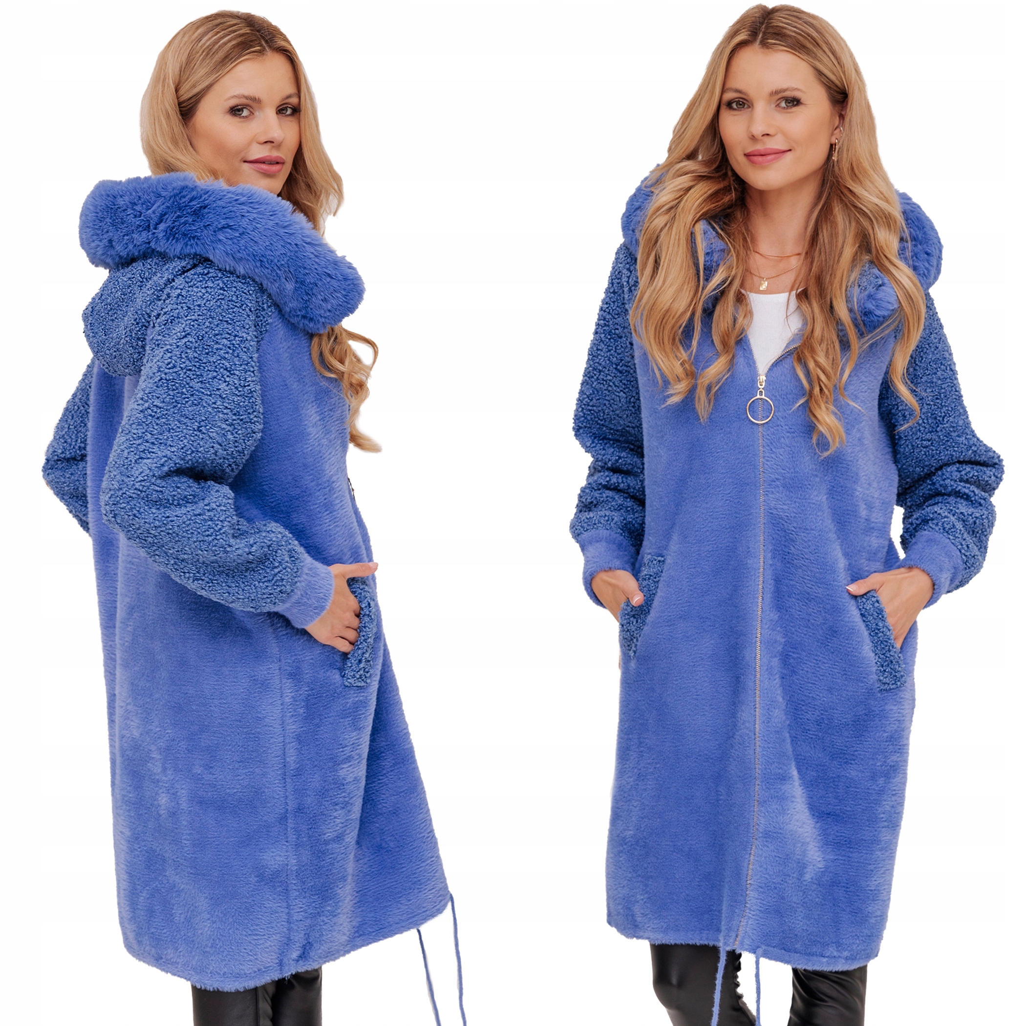 Dlouhá Teplá Alpaka S Beránkem, Kabát S Vlnou, Teplý, S Kapucí, Modrý