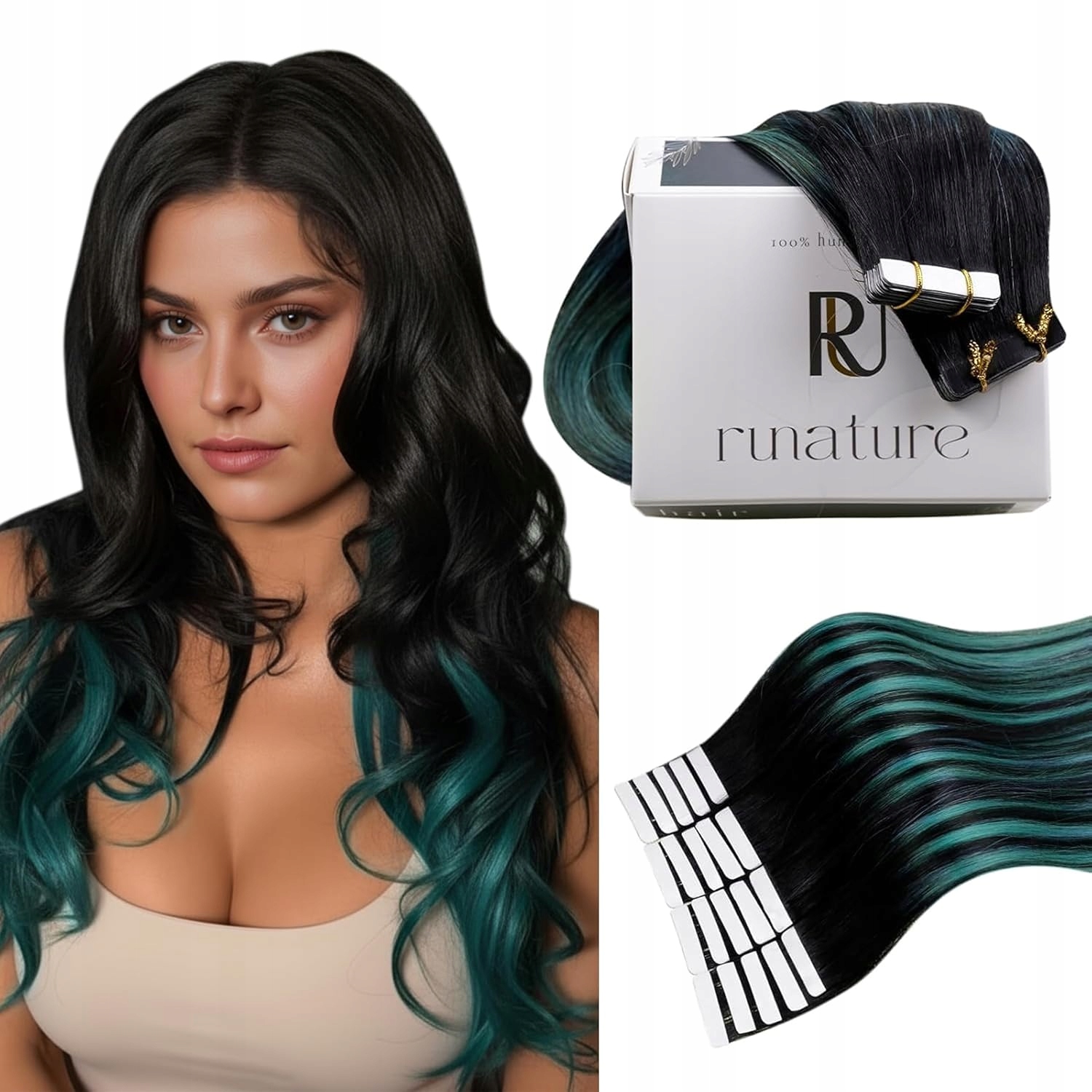 Runature Pasma tape on włosy naturalne Ombre czarny-niebieski 12" 30g