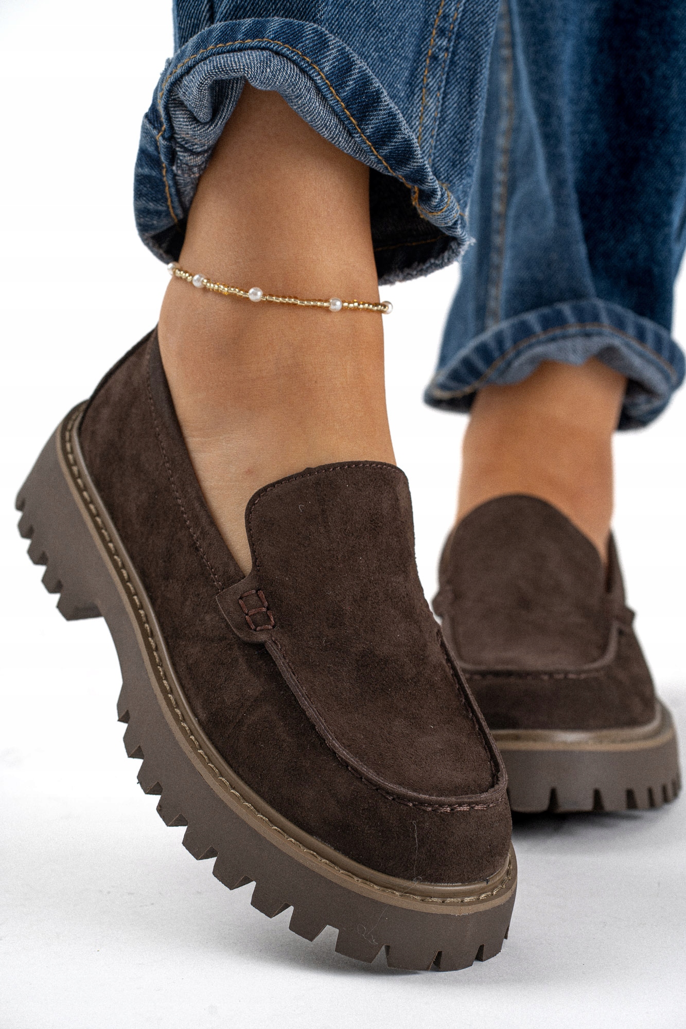 Mokasyny damskie skórzane brązowe na grubej podeszwie 37