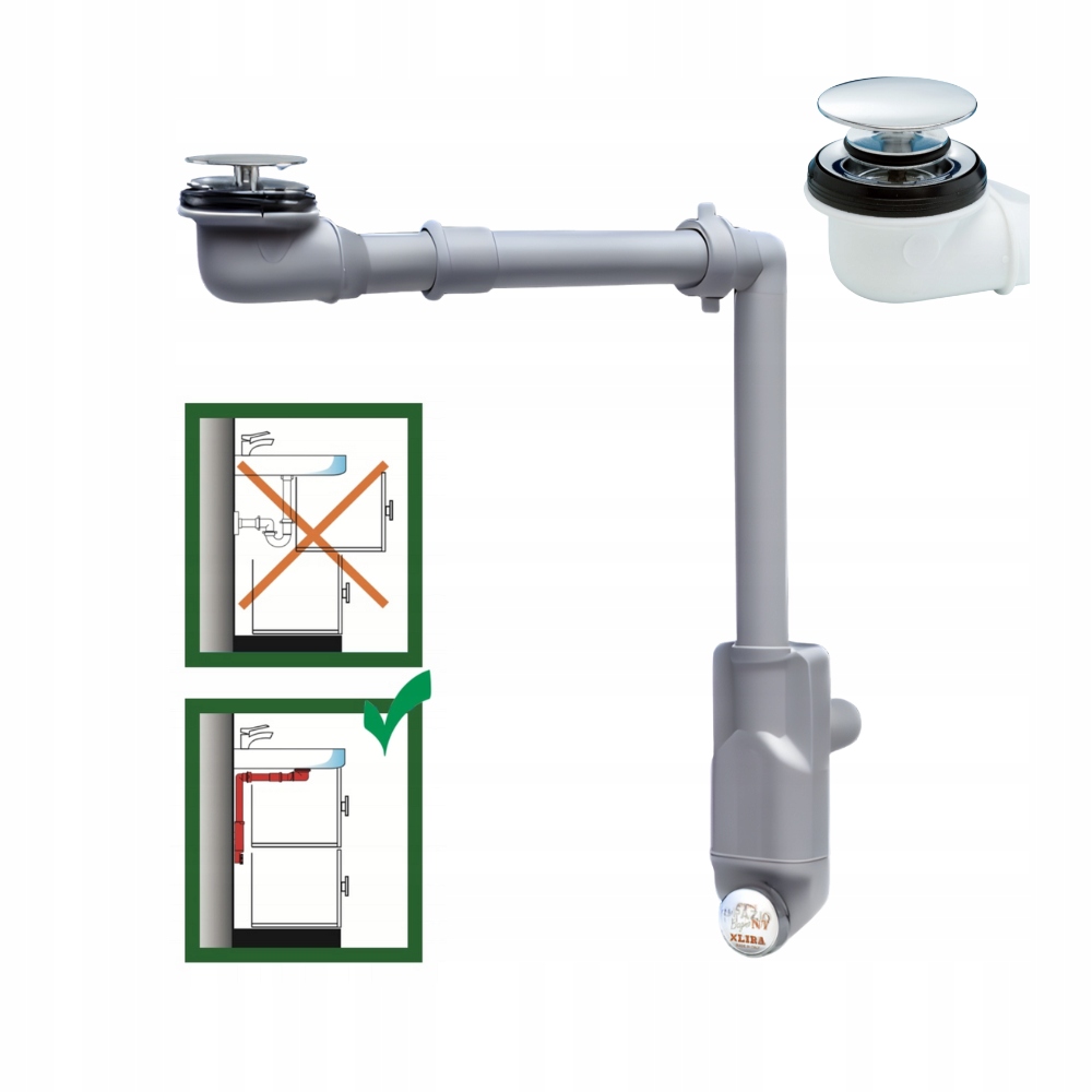 Umývadlový sifón Lira šetriaci miesto 32 – 40 click clack, šedý