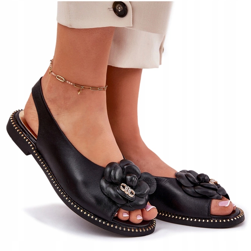 Dámské Kožené Ploché Sandály S Ozdobou, Nazouvací Chebello 4642, Černé, Velikost 39