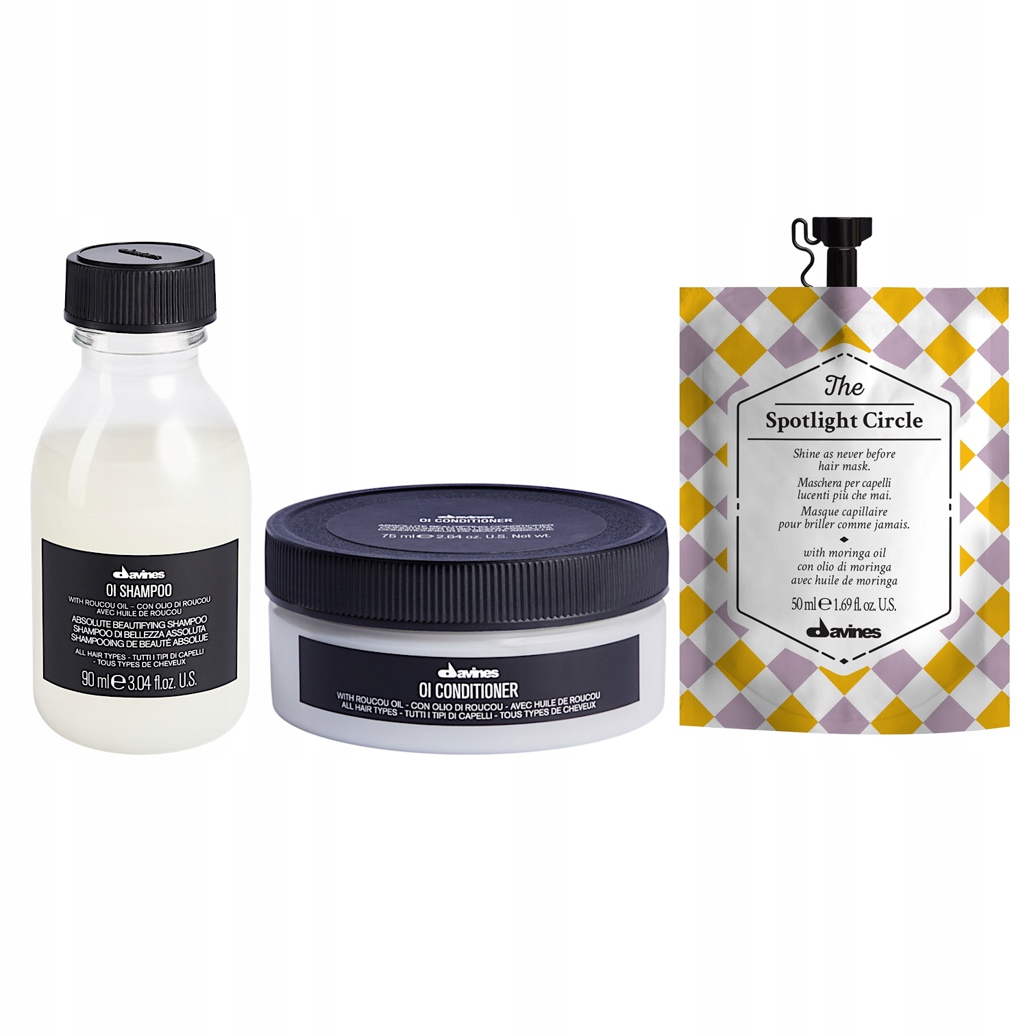 Davines Oi Oil šampon 90ml kondicionér 75 Ml maska Spotlight Circle 50ml