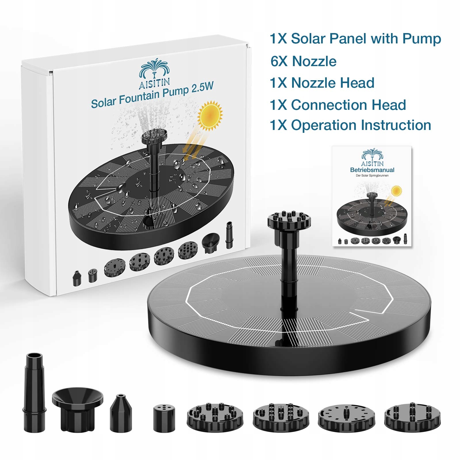 AISITIN Fontanna Solarna 2.5W Zestaw Do Ogrodu Stawów I Kąpieli Ptaków — miniatura 9