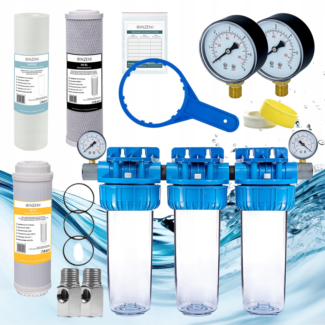 Vodní filtr předfiltr na dům 3 stupňový anti-kámen 3 x filtry Inzeni