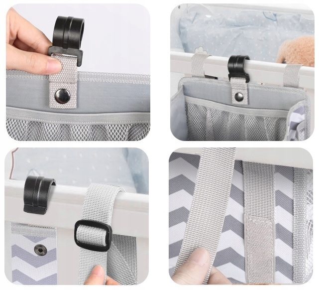 DUŻY ORGANIZER PRZYBORNIK NA ŁÓŻECZKO DLA DZIECKA Kolor dominujący odcienie szarości i srebra