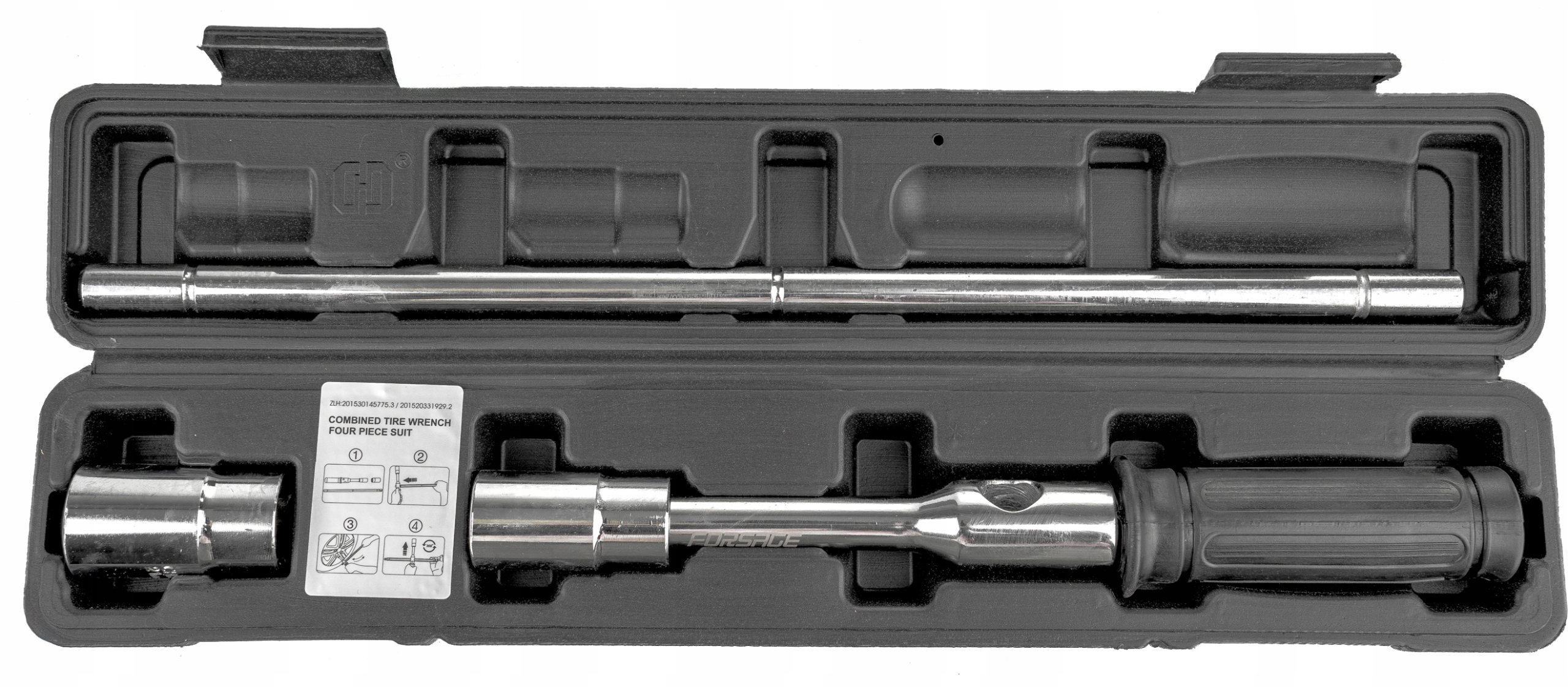 KLUCZ DO KÓŁ SAMOCHODOWY SKŁADANY 4 NASADKI 17,19,21,23MM WALIZKA Marka Forsage