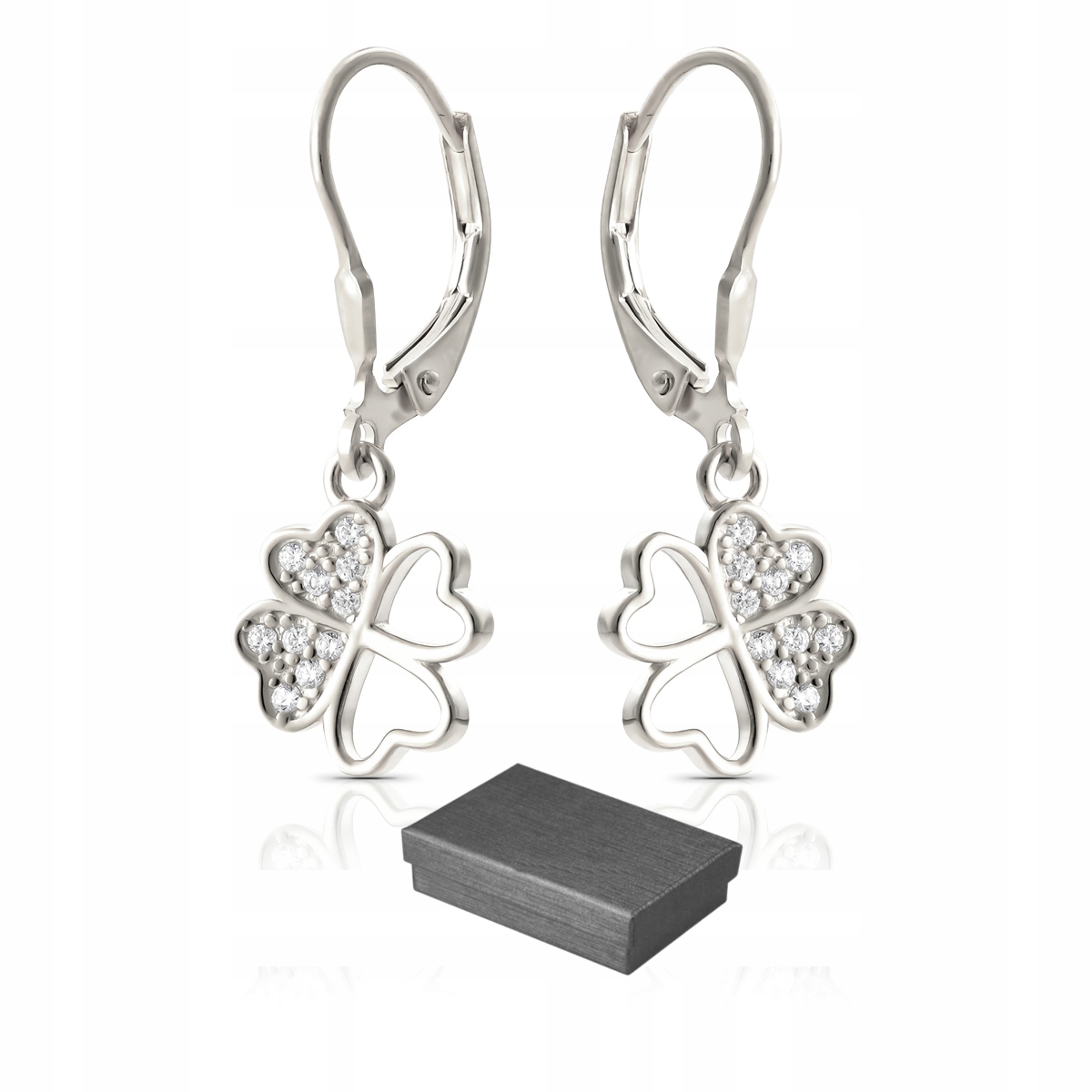 Kolczyki srebrne 925 wiszące koniczynka z cyrkoniami rodowane