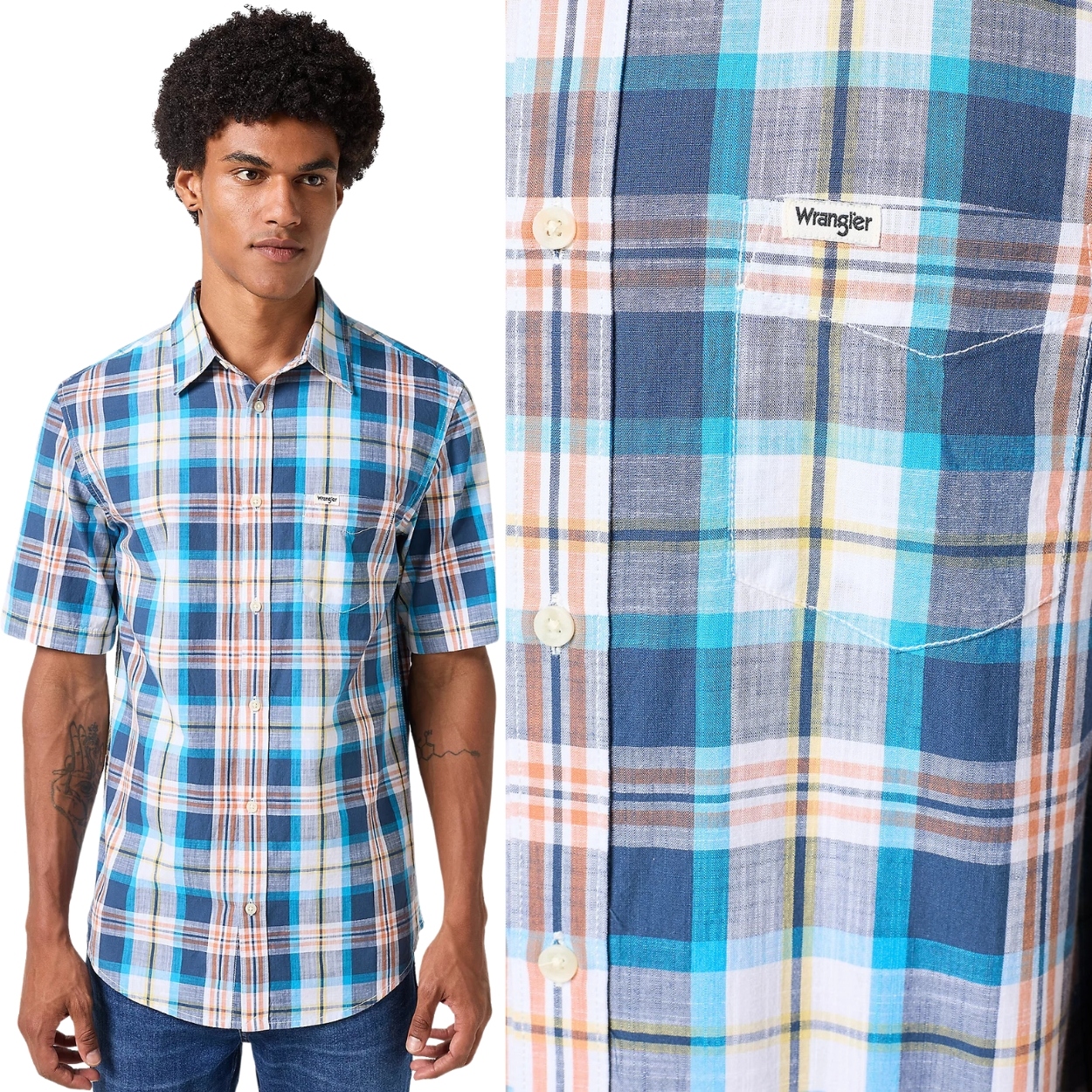 Wrangler 1 Pocket Shirt Navy bavlněná kostkovaná košile s krátkým rukávem S