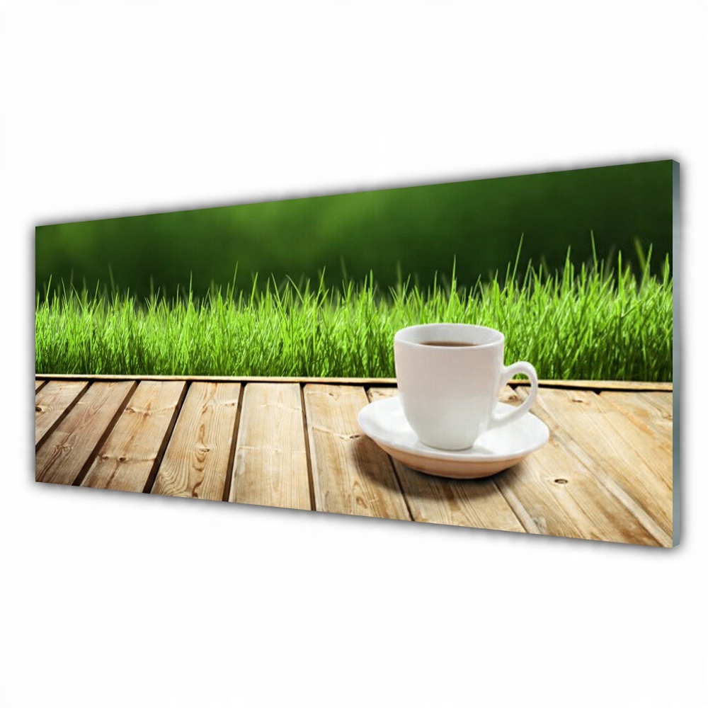 

Obraz z grafiką 125x50 Trawa Kubek Natura Drewno