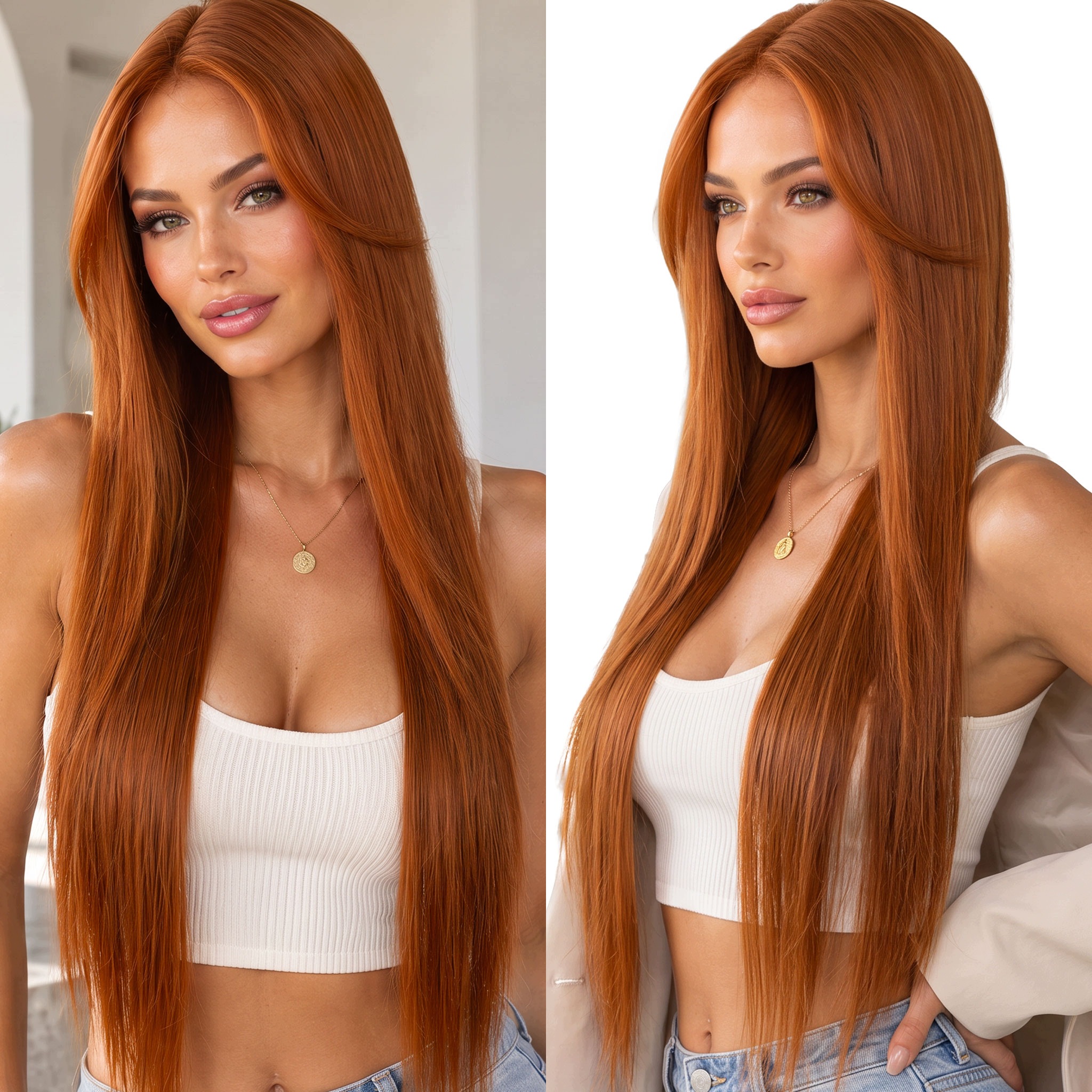 Peruka syntetyczna cieniowana długa z grzywką Top Lace ruda 260g 70cm
