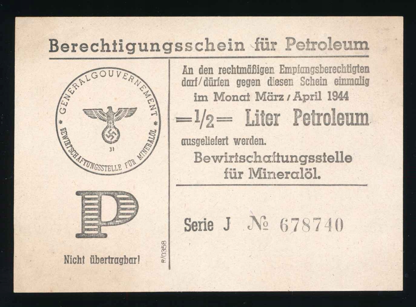 1944 GENERALNE GUBERNATORSTWO, BERECHTIGUNGSCHEIN PETROLEUM.