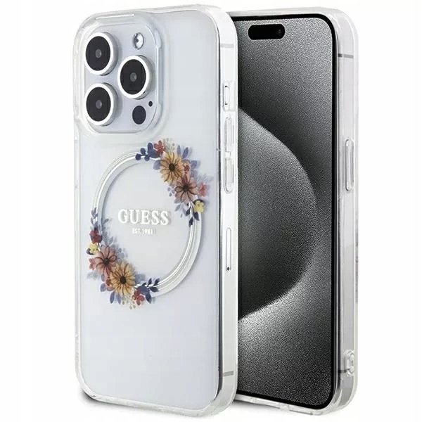 Etui Guess IML Flowers Wreatch MagSafe do Apple iPhone 15 Pro