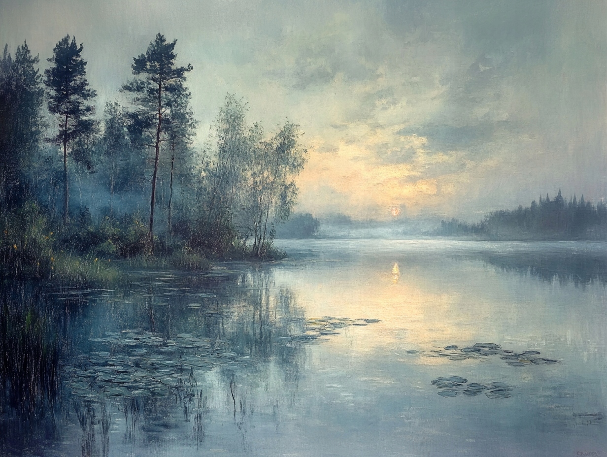 Obraz Na Plátně Canvas Krajina Jezero Stromy Slunce Západ Mlha 100x75
