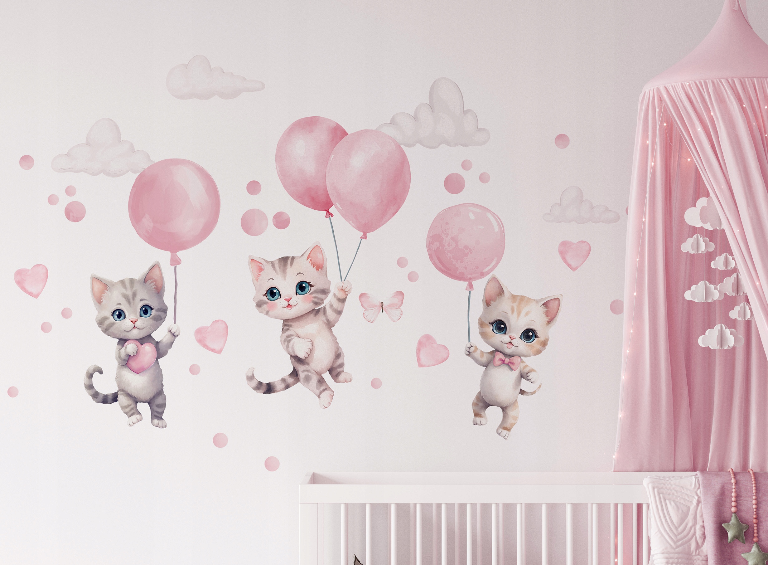 Naklejki na ścianę KOTKI PASTELOWE RÓŻOWE BALONY DLA DZIECI KOTY DECOTIA Szerokość produktu 100 cm