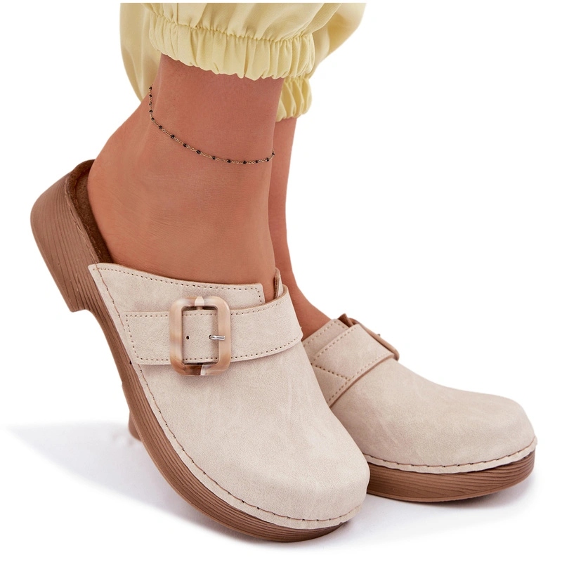 Klapki Chodaki Lekkie Damskie Inblu Klamra Wkładka Skóra Beżowe 38