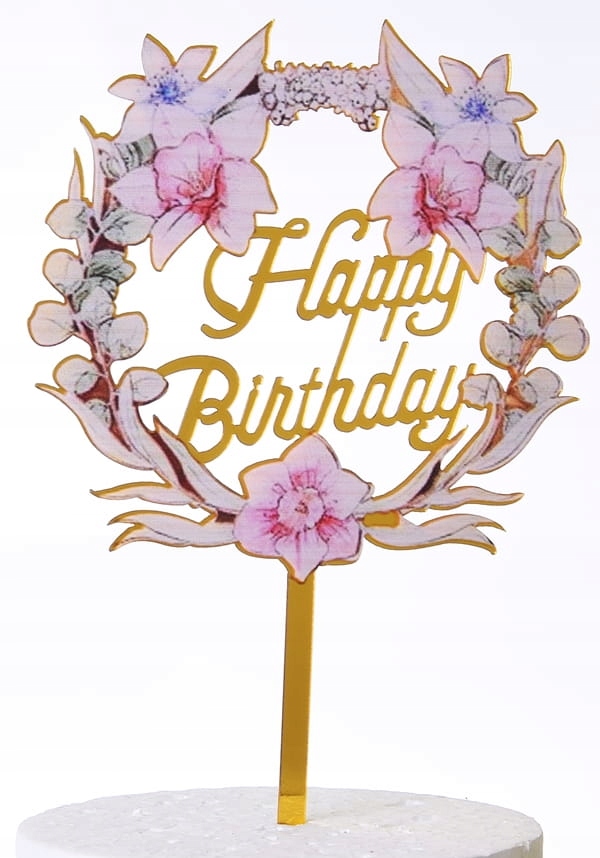 

Topper akrylowy Happy Birthday złoty kwiaty wz6