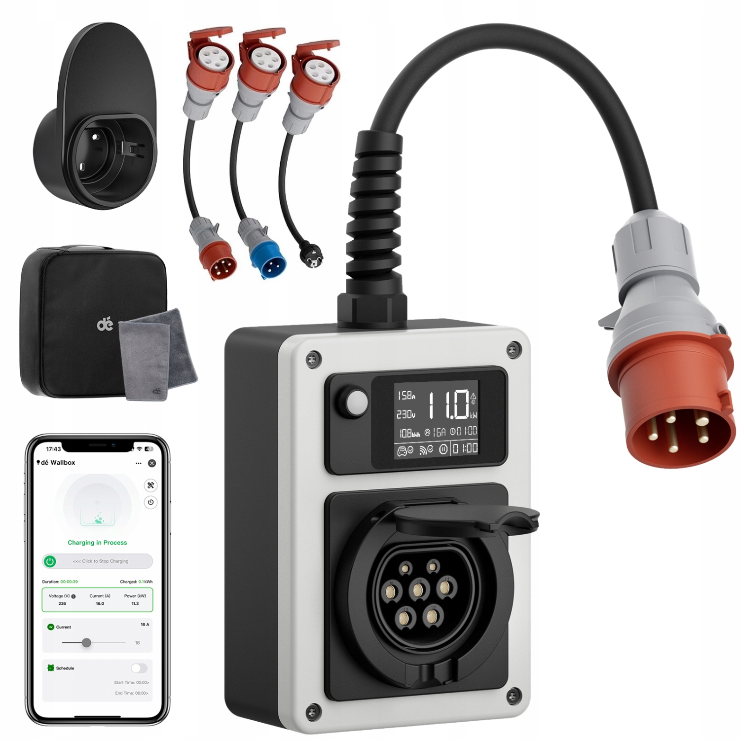 Nabíjačka do auta 11 kW Prenosný mobilný Wallbox Ev Cee 16A adaptéry