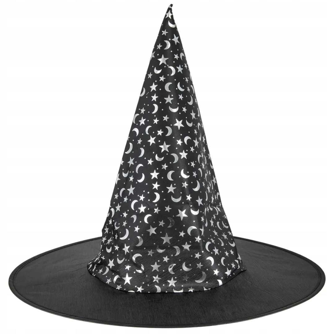 KAPELUSZ czarownicy WIEDZMA czarny srebrne gwiazdy