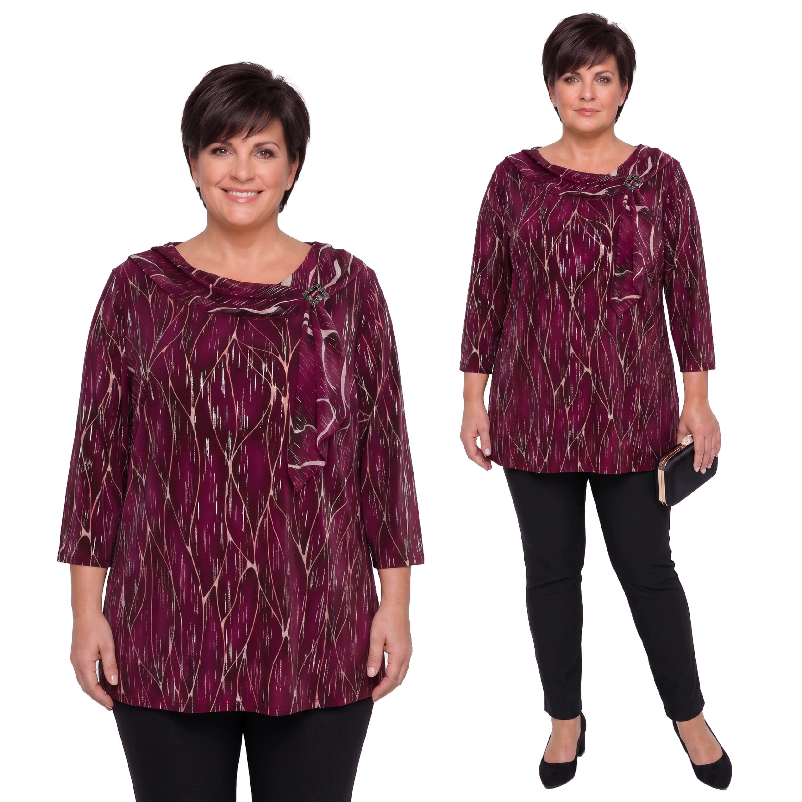 Bordó tunika s béžovými vzory a broží plus size velikost 52