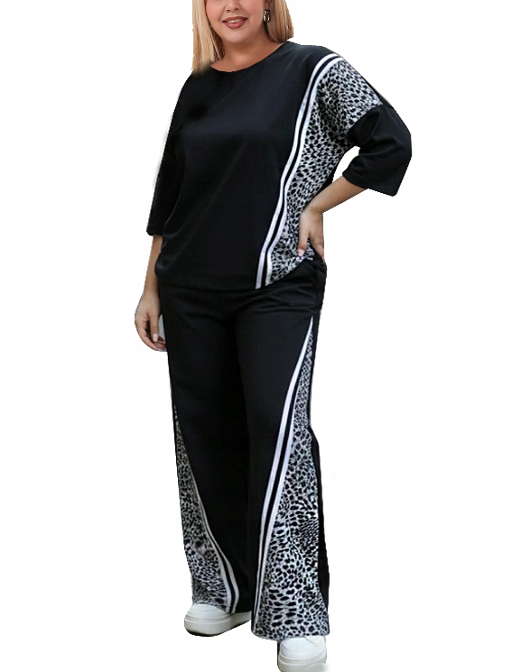 komplet damski spodnie tunika panterka prosta nogawka plus size