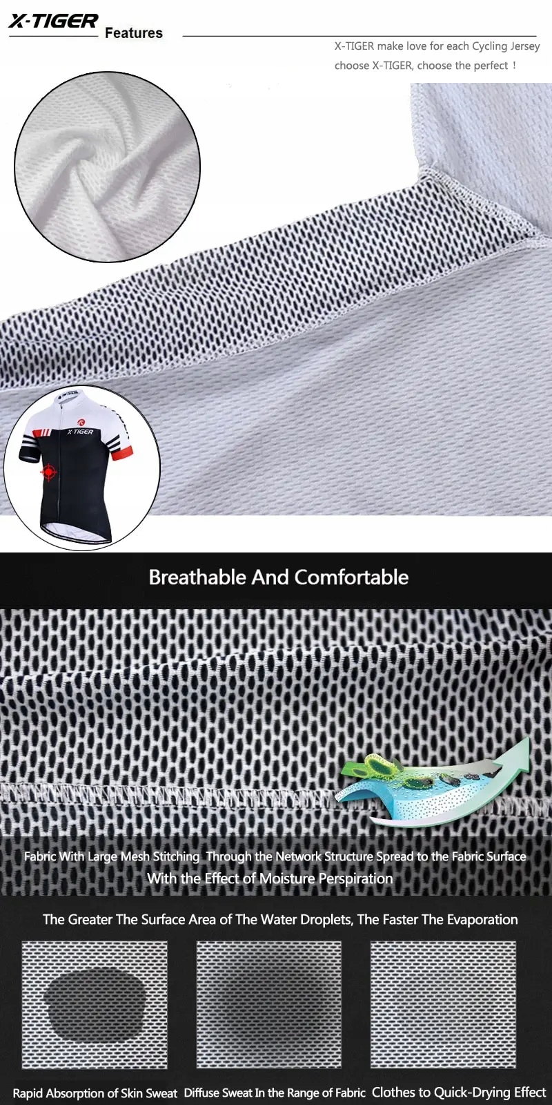 X-TIGER koszulka kolarska rowerowa, filtr UV, szybkoschnąca (XL) Rodzaj Bez kaptura Rozpinane