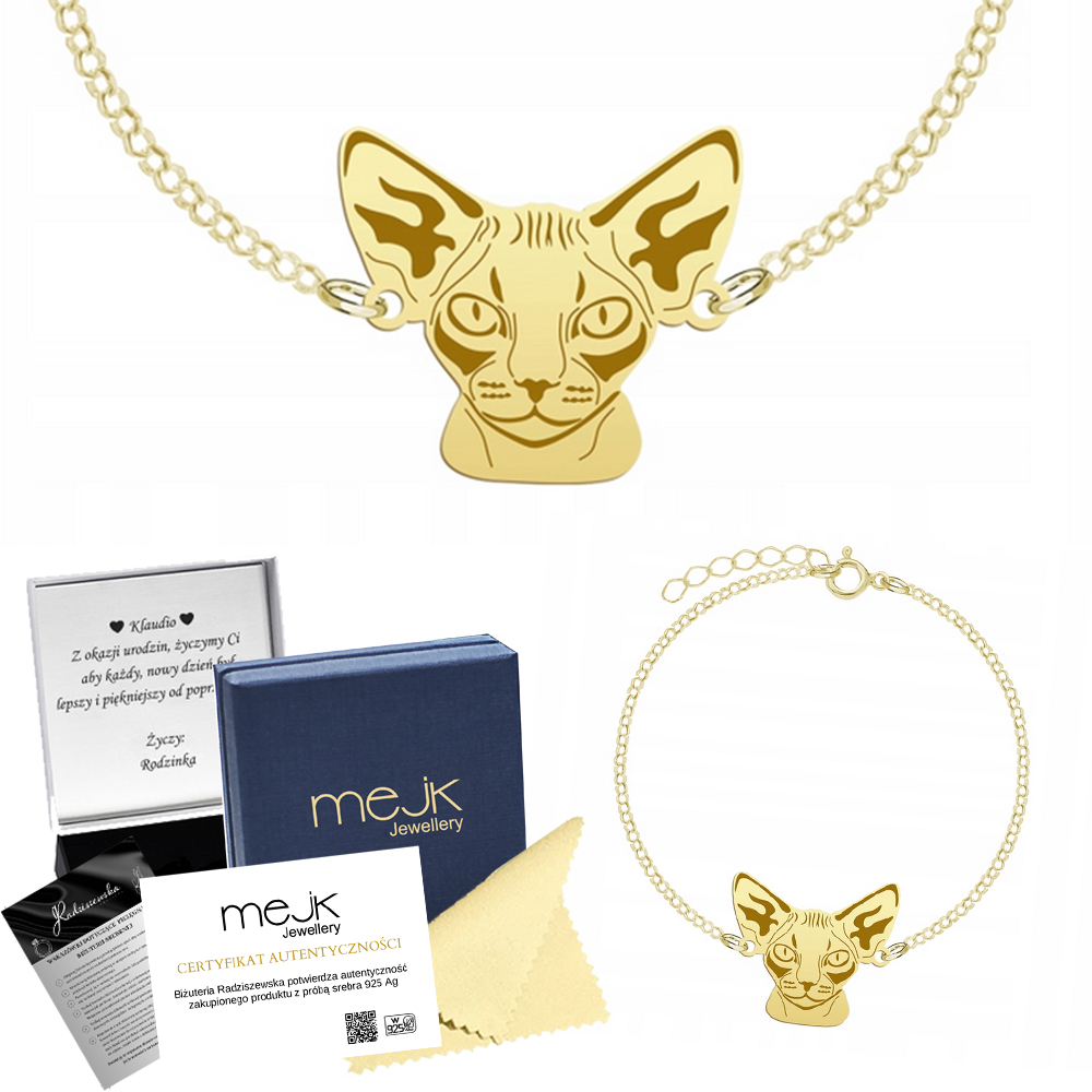 Zlatý náramek s kočkou Devon Rex 925 Dárek Žena Gravírování Bonus