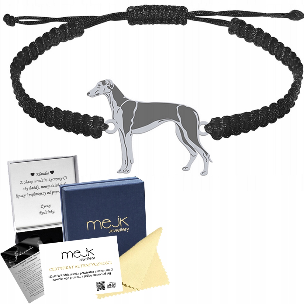 Stříbrný náramek s Polský chrtem se psem 925 Makramé Dedikace Gravírování Bonus
